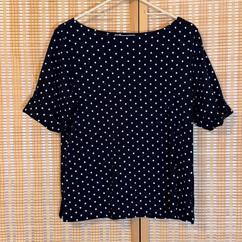 Karen Scott Black White Polka Dot Boat Neck Cuffed Sleeve Top Large Preppy